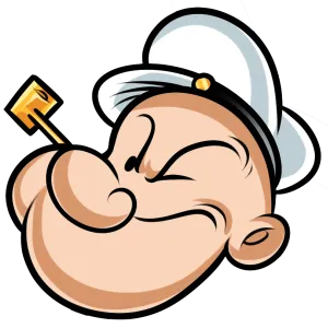 Cartoon sailor with a squint, wearing a white hat and holding a pipe in his mouth.