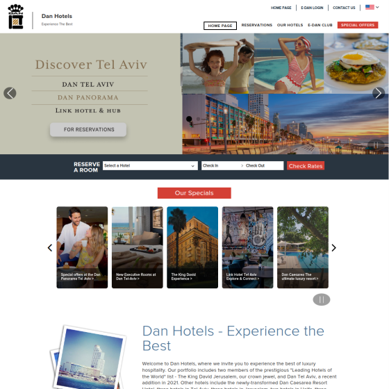 Hotel website homepage with Tel Aviv images, room booking form, and featured hotel deals.