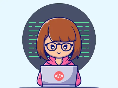 Cartoon girl with glasses coding on a laptop, green code lines in background.