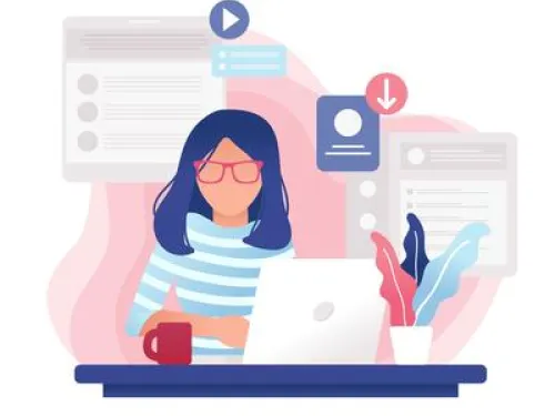 Woman with glasses working on a laptop at a desk with floating digital elements.