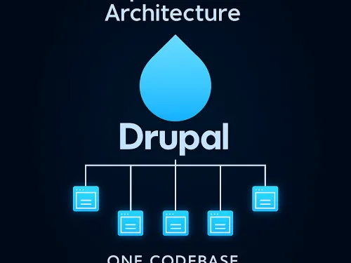 Drupal logo above a diagram showing a multisite architecture structure.