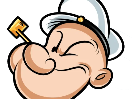 Cartoon sailor with a squint, wearing a white hat and holding a pipe in his mouth.