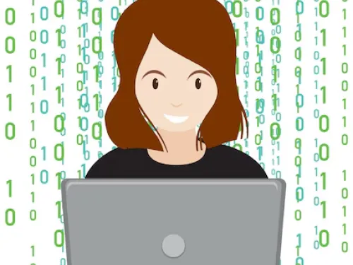 Smiling woman using a laptop with green binary code in the background.