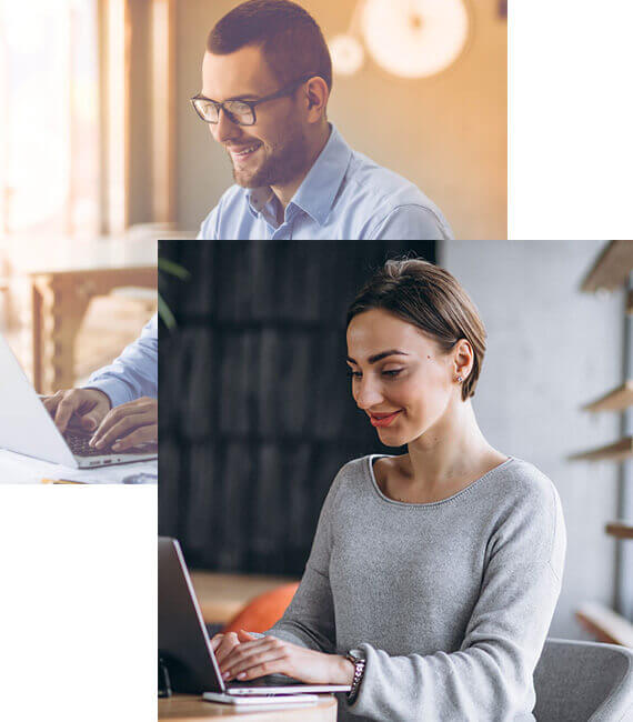 Man and woman each working on laptops in bright, modern settings.