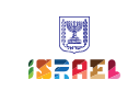 Israel logo with a colorful geometric font and a blue emblem above.