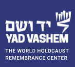 Yad Vashem logo with text "The World Holocaust Remembrance Center" on blue background.