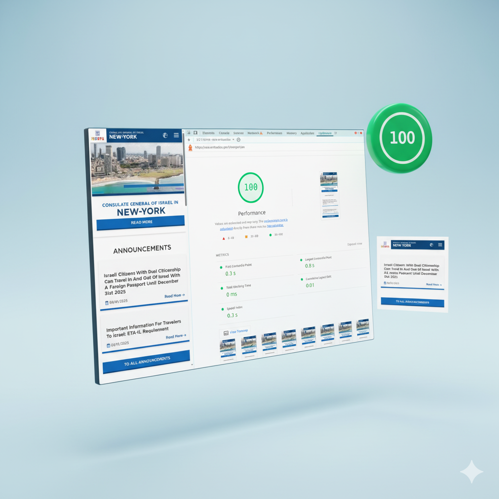 Webpage with a perfect accessibility score of 100 on a light blue background.