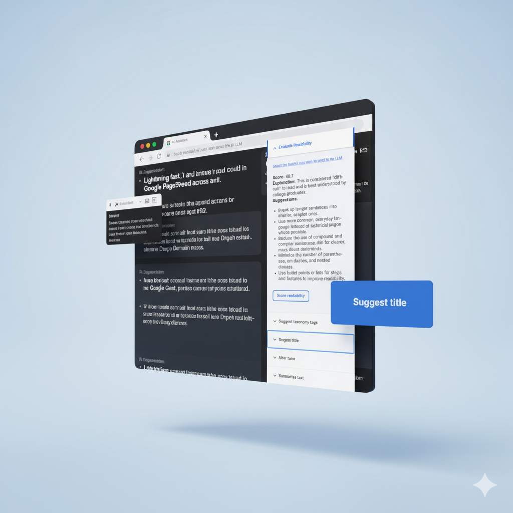 Floating web browser window with highlighted text and a blue "Suggest title" button.