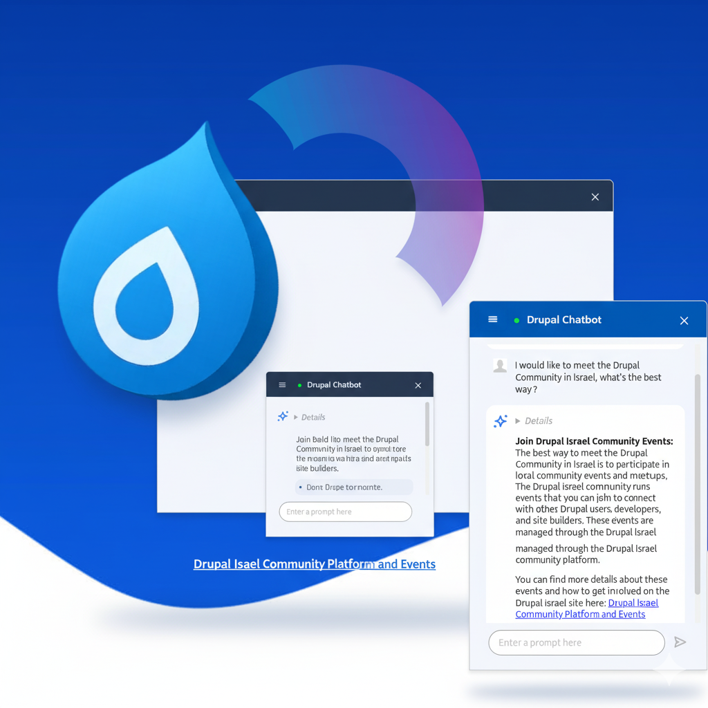 Blue Drupal logo with chat and interface windows on a gradient blue background.