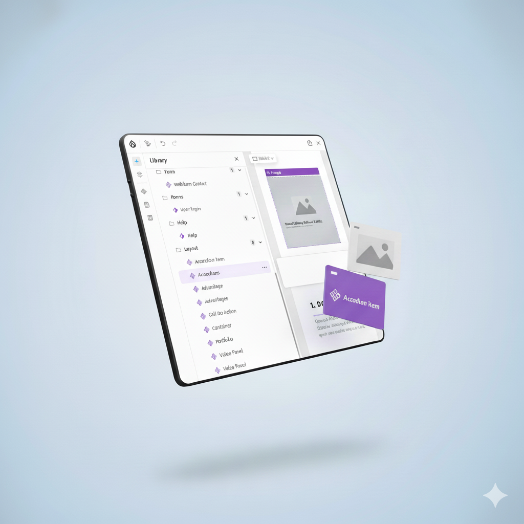 Floating digital file manager interface with folders and image files on a light blue background.