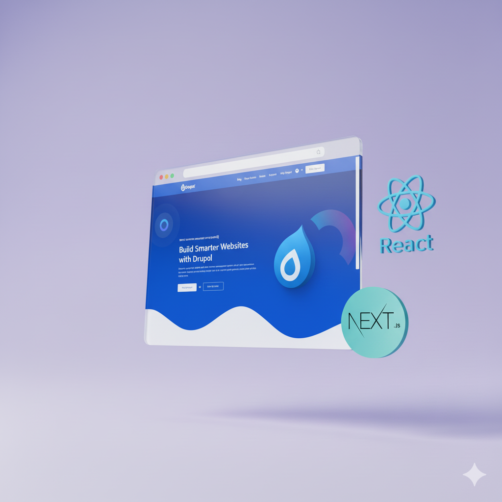 3D browser window with Drupal, React, and Next.js logos on a purple background.