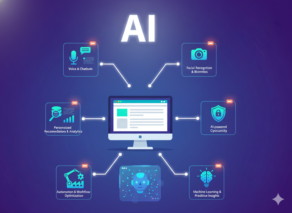 Computer screen with AI uses connected, including robotics, vision, security, and analytics.