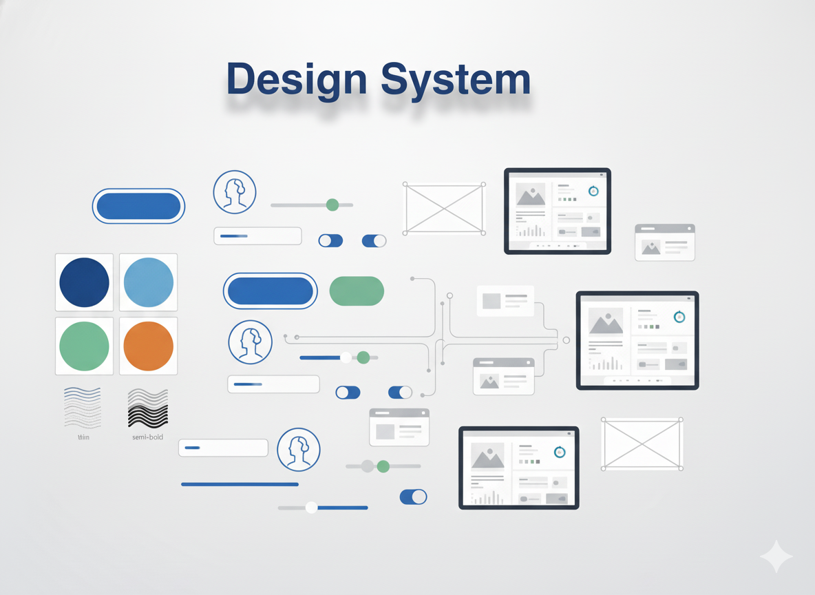 Design system graphic with UI elements, color palettes, and wireframe layouts.