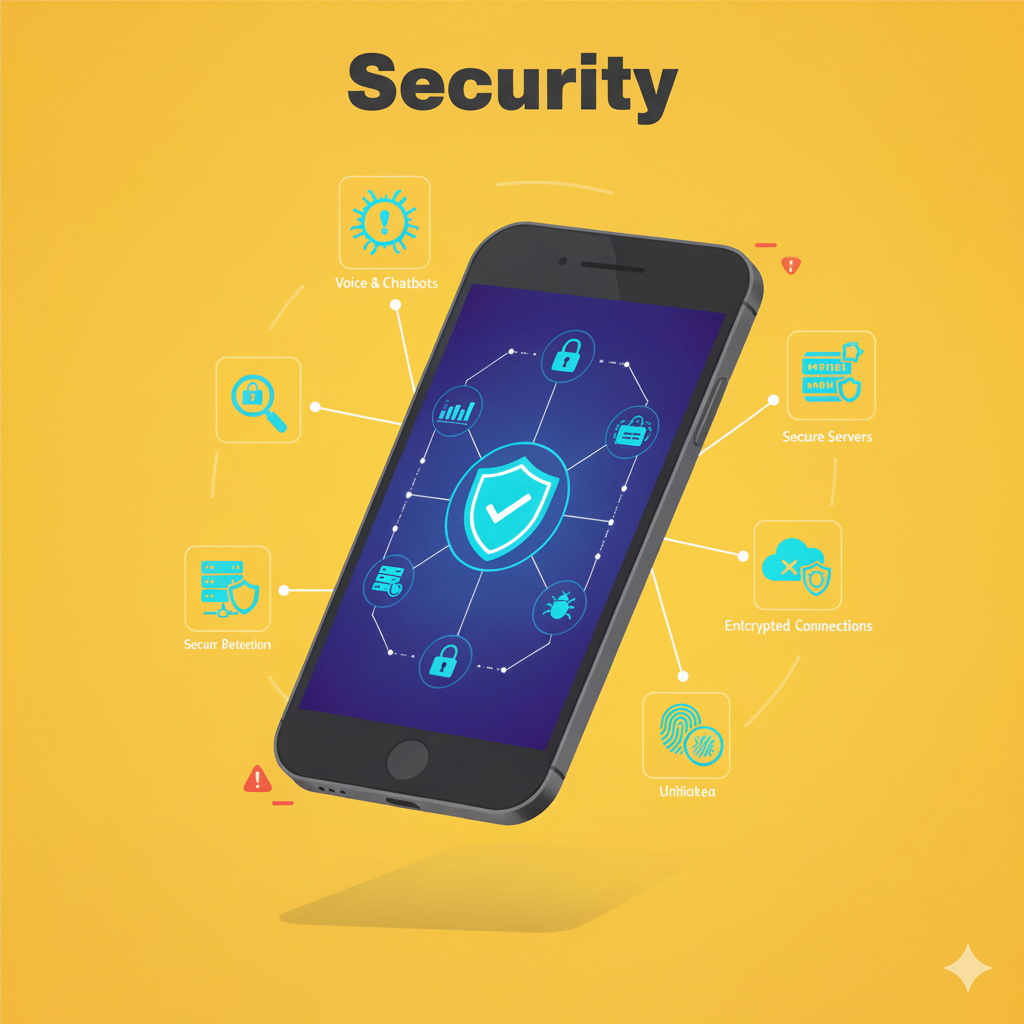Smartphone with security icons and shield on screen, yellow background