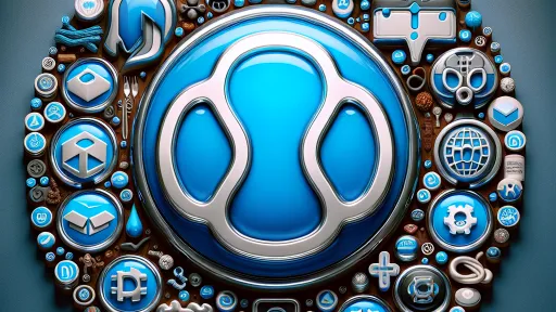 Blue circular Drupal-styled logo surrounded by various smaller icons of Drupal components