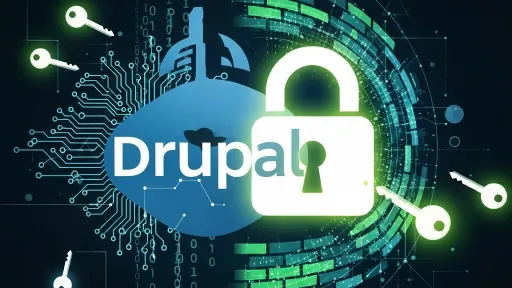 Drupal logo with a digital padlock and keys, symbolizing cybersecurity.