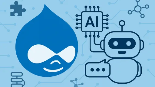 Blue Drupal logo next to a robot with an AI chip, circuitry in the background.