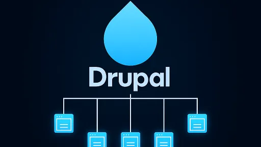 Drupal logo above a diagram showing a multisite architecture structure.