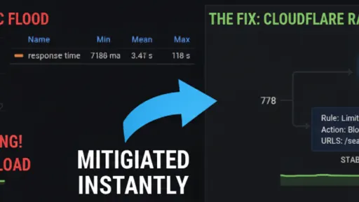 Graph showing a spike in website traffic, then a secure cloud icon with blocked threat details.