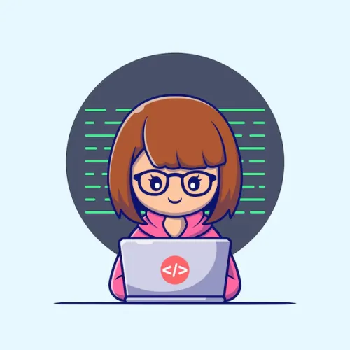 Cartoon girl with glasses coding on a laptop, green code lines in background.