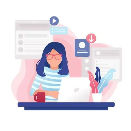 Woman with glasses working on a laptop at a desk with floating digital elements.