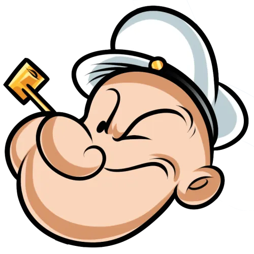 Cartoon sailor with a squint, wearing a white hat and holding a pipe in his mouth.