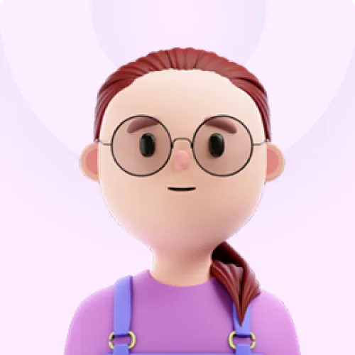3D cartoon character with glasses, brown hair in a ponytail, and purple overalls.