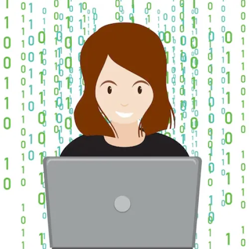 Smiling woman using a laptop with green binary code in the background.