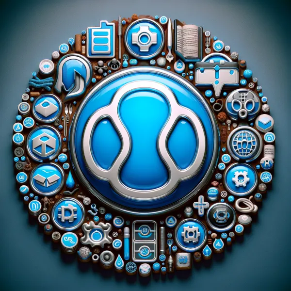 Blue circular Drupal-styled logo surrounded by various smaller icons of Drupal components
