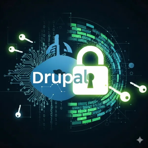 Drupal logo with a digital padlock and keys, symbolizing cybersecurity.