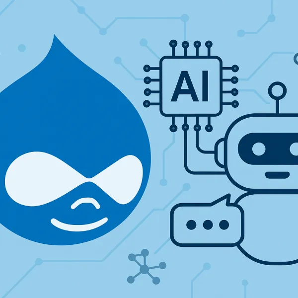 Blue Drupal logo next to a robot with an AI chip, circuitry in the background.