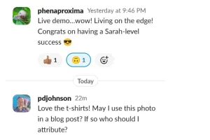 Slack conversation with users complimenting t-shirts and discussing photo attribution.