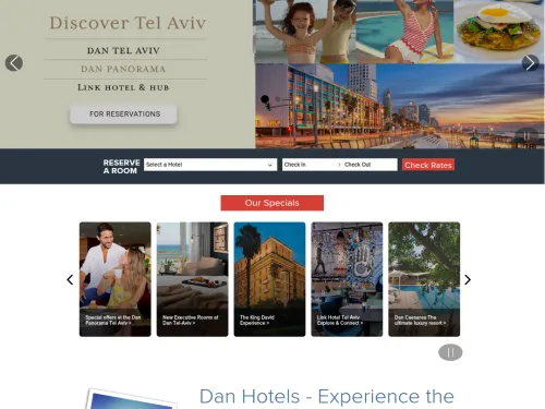 Hotel website homepage with Tel Aviv images, room booking form, and featured hotel deals.