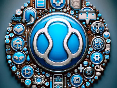 Blue circular Drupal-styled logo surrounded by various smaller icons of Drupal components