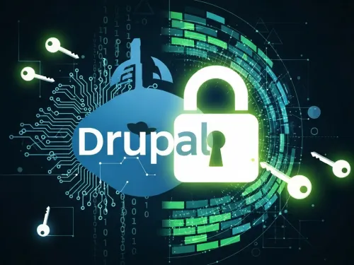Drupal logo with a digital padlock and keys, symbolizing cybersecurity.