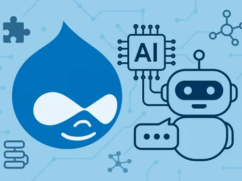 Blue Drupal logo next to a robot with an AI chip, circuitry in the background.
