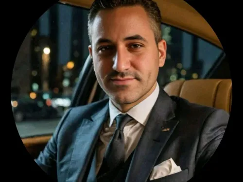 Man in a suit sitting in a car at night, city lights visible outside the window.