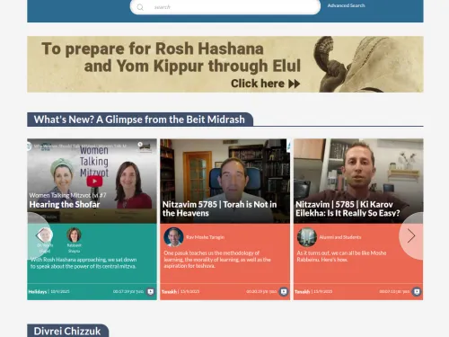 Website homepage with news articles, video thumbnails, and a banner for Rosh Hashana and Yom Kippur.