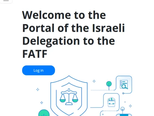 Welcome page for the Israeli Delegation to the FATF, with justice-themed icons.