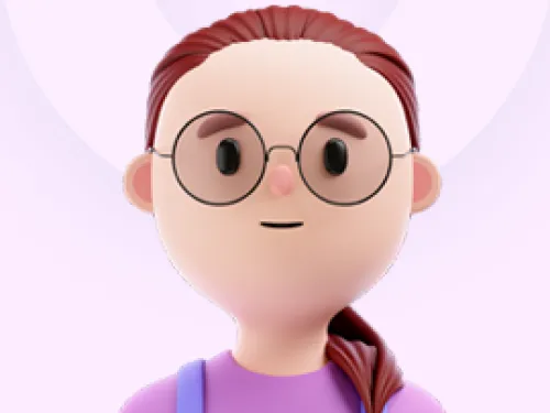 3D cartoon character with glasses, brown hair in a ponytail, and purple overalls.