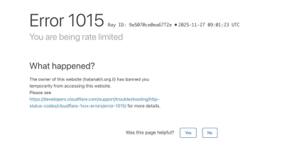 Error 1015 rate limit warning page with explanatory text and links.