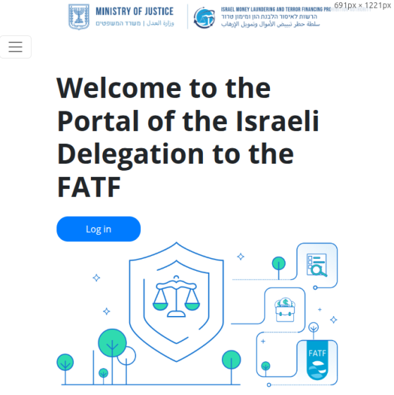 Welcome page for the Israeli Delegation to the FATF, with justice-themed icons.