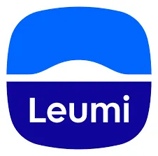 Leumi logo with blue shapes and white text.