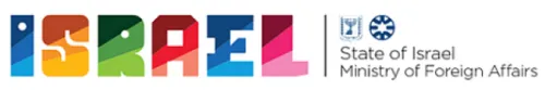 Colorful ISRAEL logo with State of Israel Ministry of Foreign Affairs text and emblem.